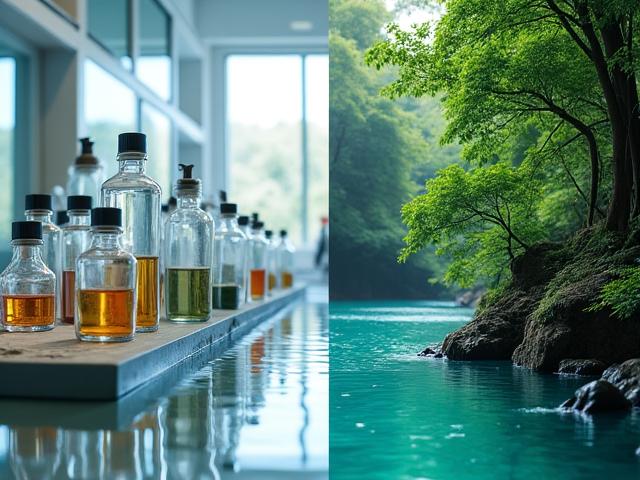 Visuelle Darstellung einer Fusion aus hochmodernem Kosmetiklabor und unberührter Natur, symbolisierende die Balance zwischen Innovation und Ökologie.