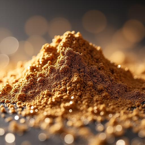 Nahaufnahme von luxuriösem, schimmerndem Metallic-Pigmentpulver, das innovative Kosmetiktechnologie darstellt.